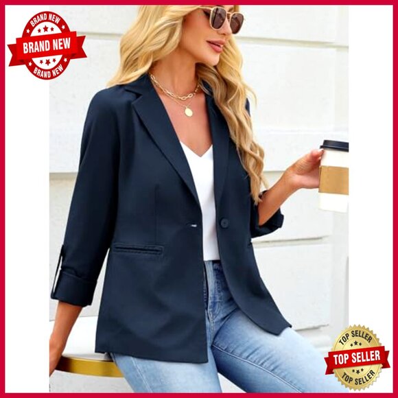 Linen Cotton Blazer Full Lining Rolled Sleeve Open Front Work Office Jacket - Picture 2 of 7